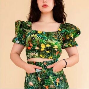 Samantha Pleet Green Floral Dream Crop Top Puffed Sleeves Tropical 4X